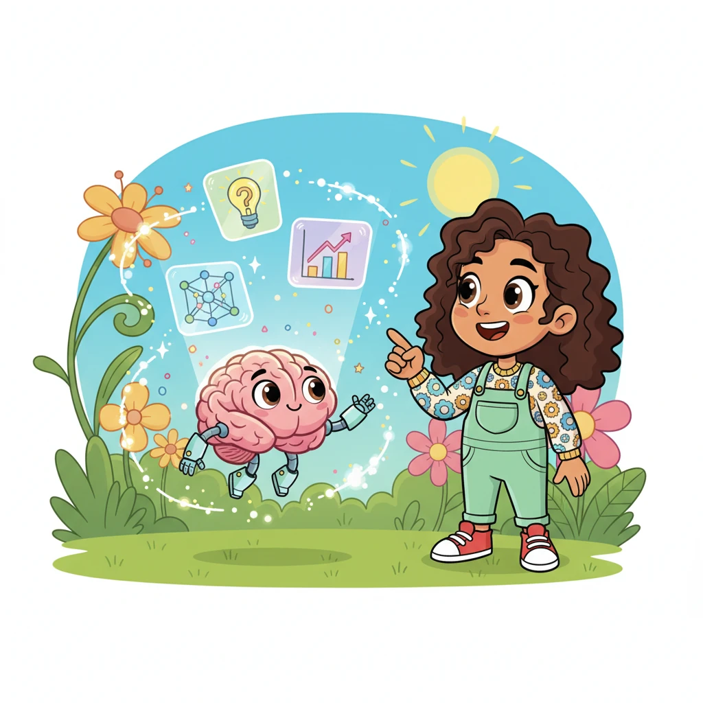 Cerebrito levita ligeramente y proyecta hologramas coloridos de ideas y gráficos en el aire, explicando sus habilidades. Sofía la mira con asombro, una sonrisa incipiente en su rostro. Pequeñas chispas de energía digital bailan alegremente alrededor de Cerebrito, prometiendo soluciones.