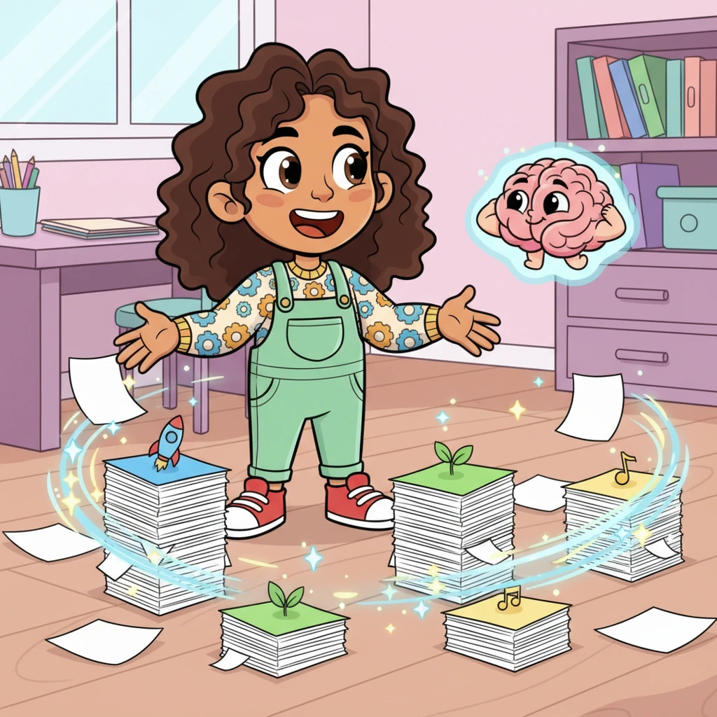 Con la ayuda de Cerebrito, los papeles desordenados de Sofía se transforman mágicamente en pilas ordenadas, codificadas por colores. Cada pila tiene un pequeño icono que representa su tema. Sofía sonríe al ver el orden, mientras Cerebrito muestra una expresión de orgullo.