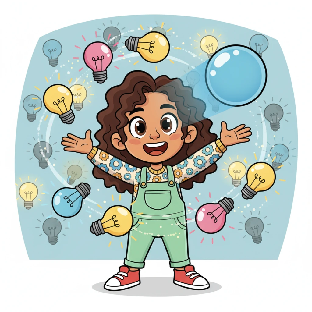 Cerebrito proyecta una lluvia de ideas brillantes y divertidas que dan vueltas alrededor de Sofía. Ella ríe mientras atrapa algunas de las ideas con sus manos, sintiendo cómo la inspiración fluye. El fondo se llena de bombillas encendiéndose y apagándose, simbolizando la creatividad.