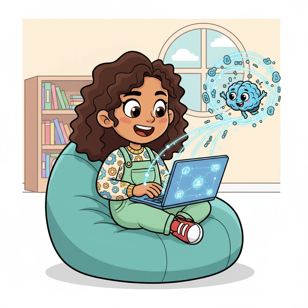 Sofía y Cerebrito trabajan en equipo, con Sofía tecleando en su computadora portátil mientras Cerebrito busca información a la velocidad del rayo. Una red de líneas brillantes conecta a Cerebrito con la pantalla, mostrando el flujo de datos. Ambas tienen expresiones de concentración y alegría, disfrutando del proceso.