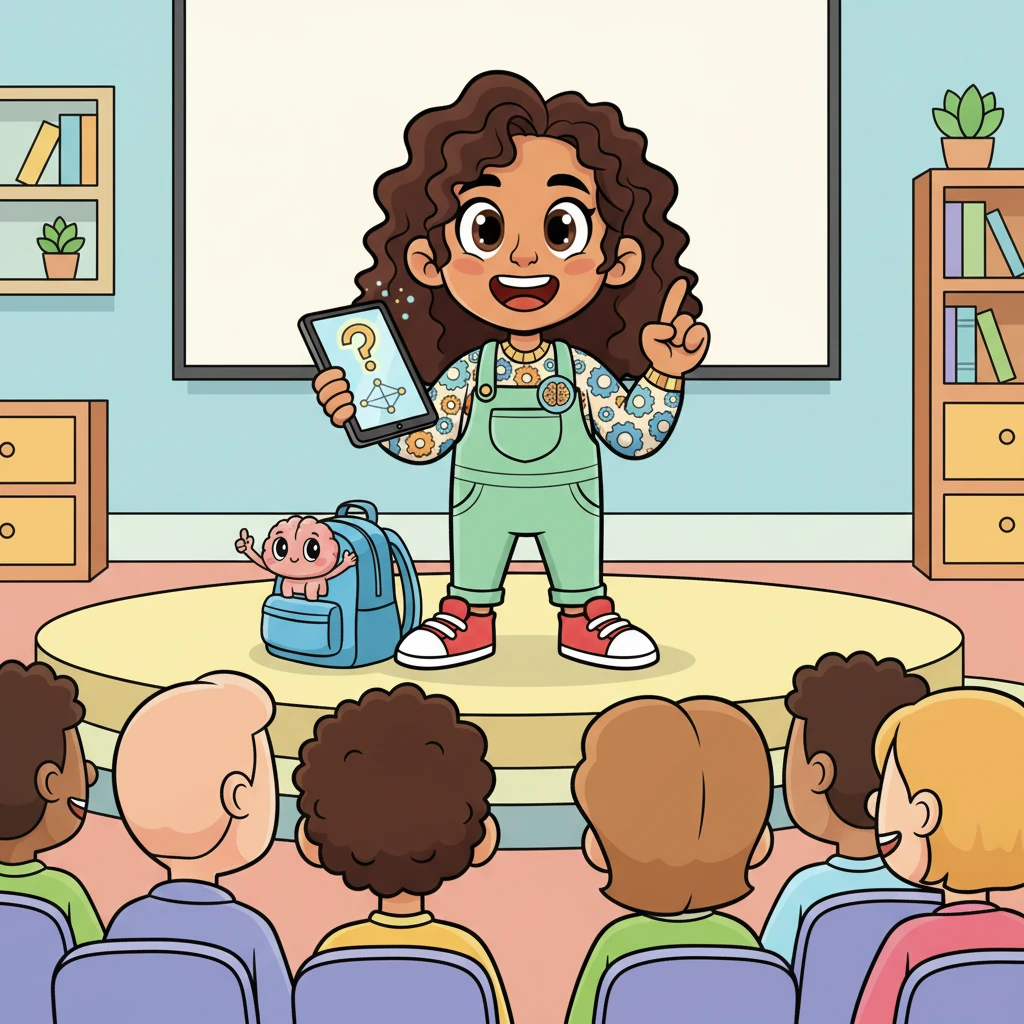 Es el día de la presentación. Sofía, con una postura erguida y una sonrisa brillante, presenta su tesis frente a un grupo de figuras amigables. Cerebrito se asoma discretamente desde el bolsillo de su mochila, con un pequeño pulgar hacia arriba. La sala está llena de colores vibrantes y atención.