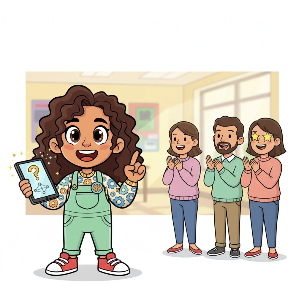 Las figuras adultas aplauden con entusiasmo, algunas con estrellas en los ojos, impresionadas por el trabajo de Sofía. Ella se ruboriza un poco, pero su sonrisa es radiante y llena de orgullo. Cerebrito emite pequeñas luces de celebración, compartiendo la alegría.