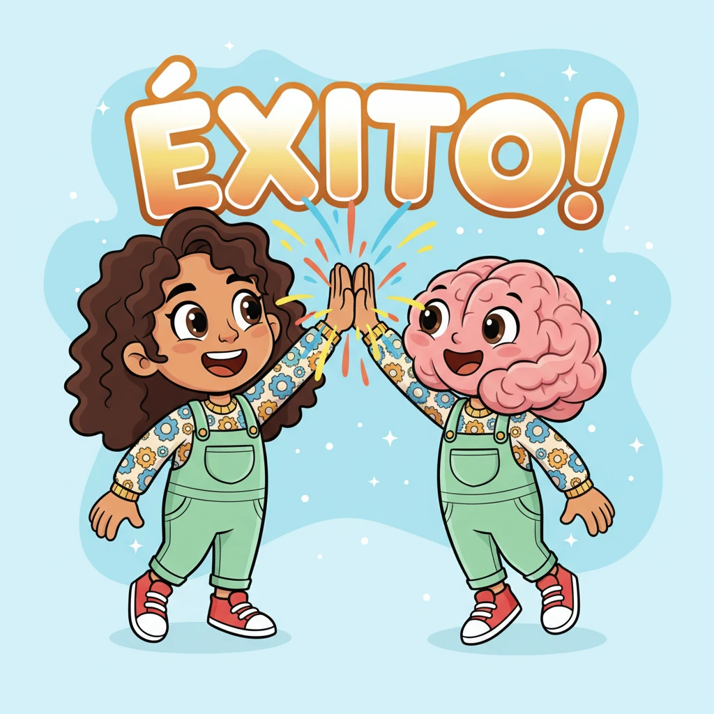 Sofía y Cerebrito chocan los cinco, con chispas de energía divertida volando entre ellos. La alegría de haber terminado el proyecto con éxito es palpable en sus expresiones. Detrás de ellos, una gran "¡Éxito!" estilizada flota en el aire, brillando.