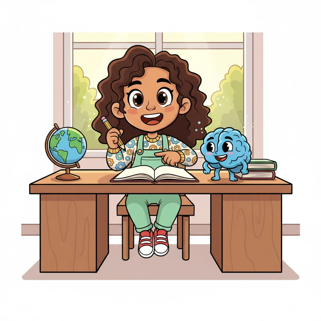 Sofía está ahora en su escritorio, que está perfectamente ordenado, con un nuevo proyecto en mente. Cerebrito está a su lado, lista para la próxima aventura y aprendizaje. Ambas miran hacia un futuro brillante, llenas de posibilidades y entusiasmo por lo que vendrá.