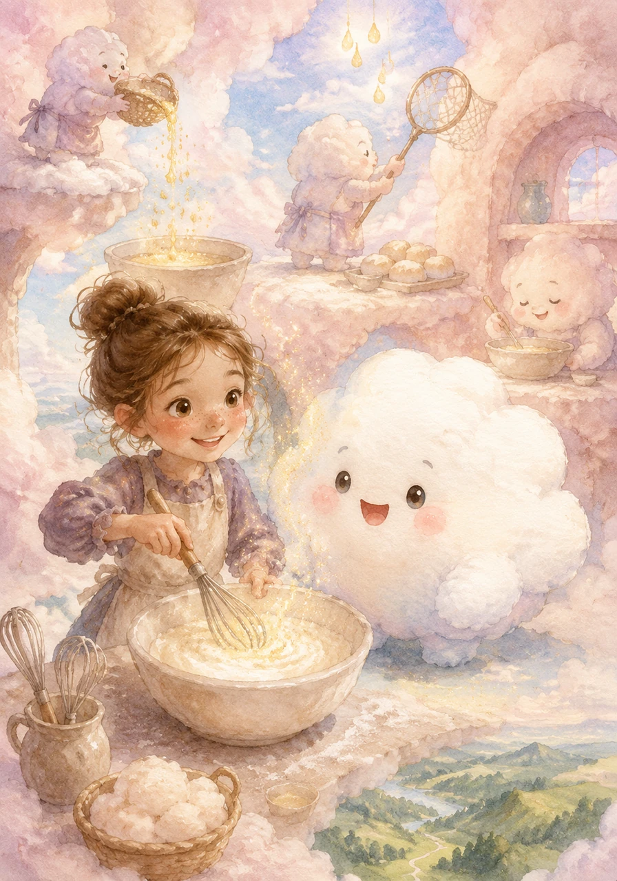 High above the rolling green hills, tucked away in the softest pink clouds, sat the magical Cloud Bakery. Sophie, a cheerful girl with a flour-smudged nose and big dreams, giggled as her best friend Mochi, a bouncy little cloud creature, puffed up like a giant marshmallow. Together with the other cloud bakers, they spent their mornings whisking stardust into sweet batters and capturing golden morning dew to make the fluffiest buns in the sky.