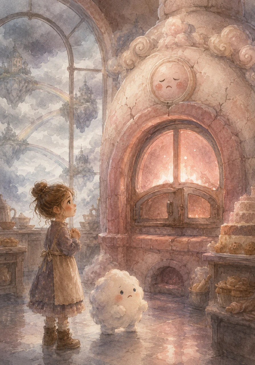 At the heart of the bakery stood the grand Happiness Oven, which cast a warm, rosy glow over the entire sky kingdom. But one chilly morning, Sophie noticed the oven's bright light flickering and growing dim, its comforting warmth slowly slipping away. As the magical fire faded, the vibrant rainbow bridges outside began to lose their color, and the happy chatter of the sky islands turned into a quiet, sad sigh.