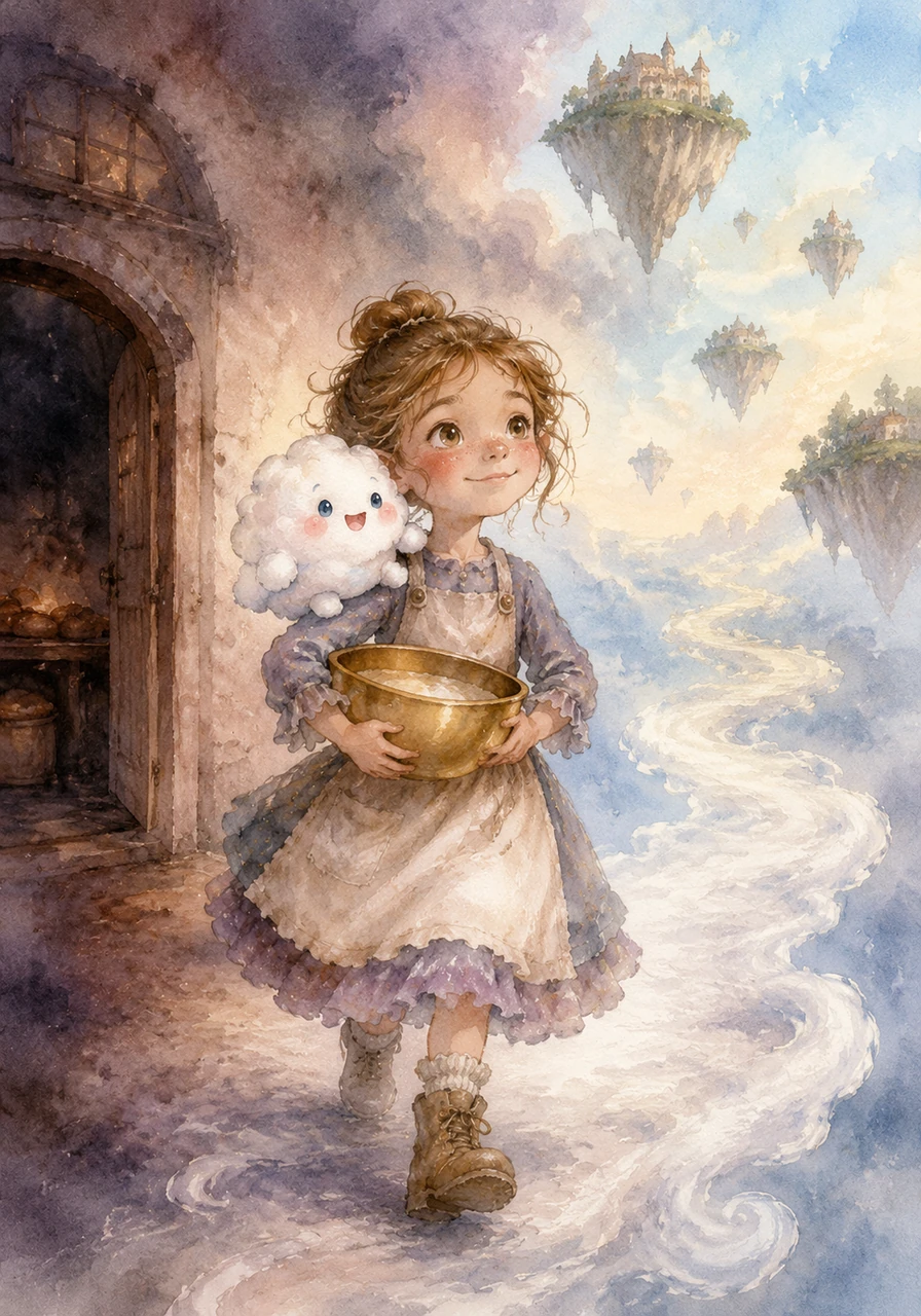 Determined to save their home, Sophie packed her trusty golden mixing bowl, and Mochi hopped onto her shoulder with a brave little squeak. They stepped out of the darkening bakery and onto a faded path made of mist, embarking on a grand adventure across the floating islands. To relight the Happiness Oven, they needed to gather four rare, magical ingredients scattered across the furthest corners of the sky.