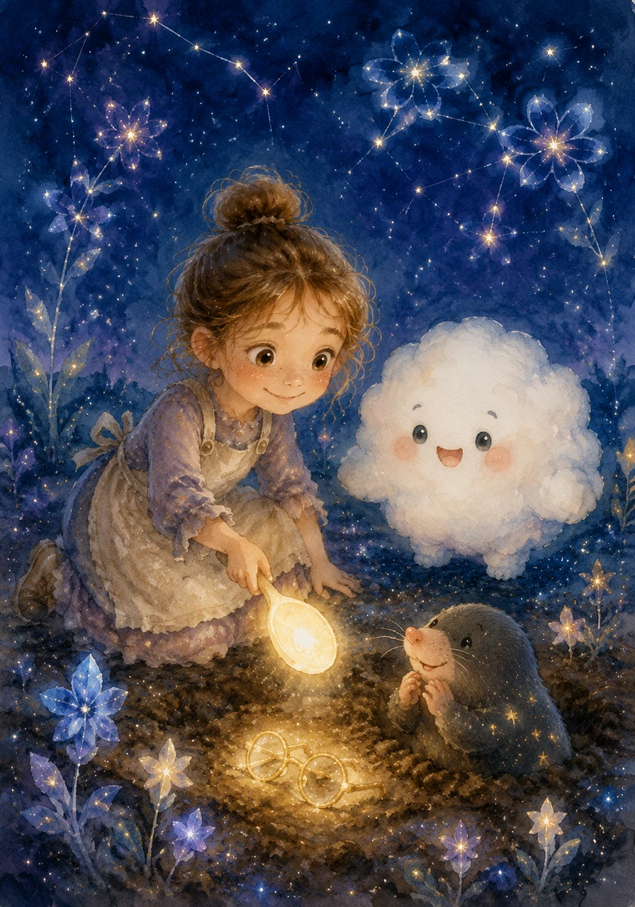 Their first stop was the Star Garden, where constellations bloomed like sparkling flowers in the deep blue night. There they met Orion, a tiny star-mole who was crying because he had lost his glowing spectacles in the cosmic soil. Sophie knelt down and gently used her glowing baking spoon to light up the dark patches, helping Orion find his glasses, and in return, the grateful mole gifted them a jar of shimmering, dancing stardust.