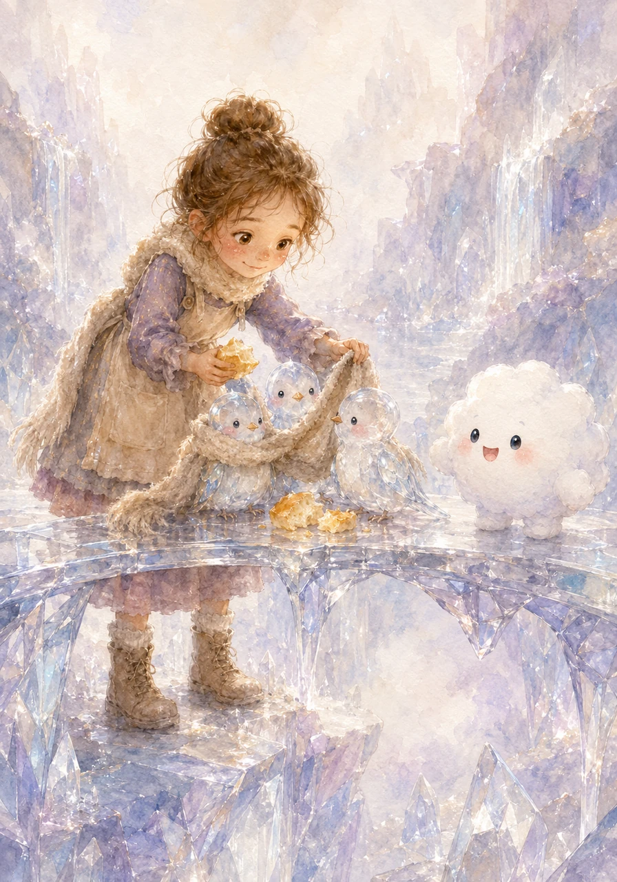 Next, they crossed a wobbling, transparent bridge into the Crystal Mist Valley, where everything echoed with soft, musical chime sounds. They found a family of shy glass birds whose wings had grown stiff from the spreading chill, preventing them from singing their morning songs. Sophie wrapped them in her warm woolly scarf and shared some of her leftover sun-bread, warming them up until they happily gifted her a vial of pure, musical morning dew.