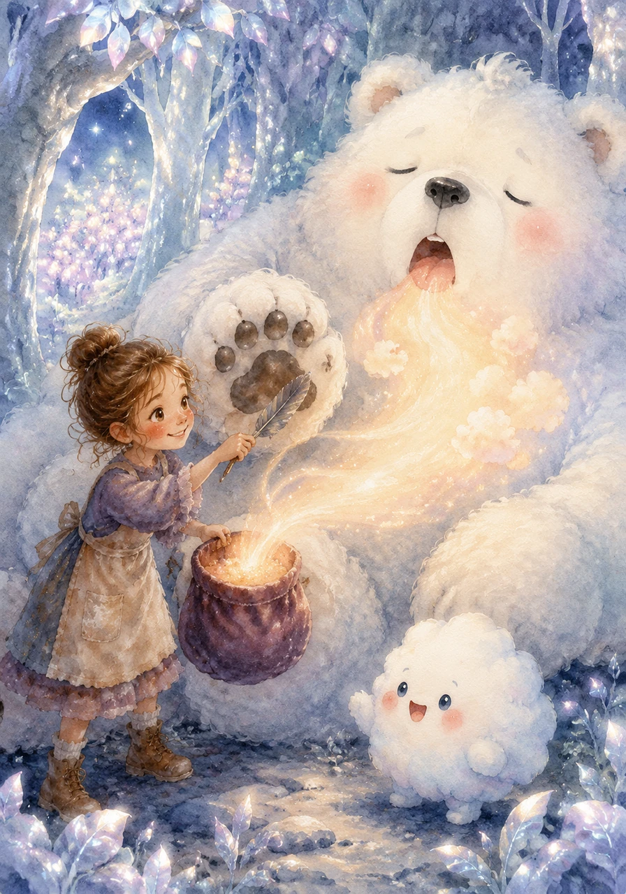 Following a trail of sweet scents, Sophie and Mochi climbed high into the Moonlit Sky Forest, where the trees were made of silver bark and glowing leaves. Deep in the woods, a giant, fluffy sky bear was snoring loudly, blocking the path to the ancient sugar blossoms. Thinking quickly, Sophie tickled the bear's giant paws with a long feather, causing him to sneeze a gentle, warm breeze that perfectly filled Sophie’s magical velvet pouch.