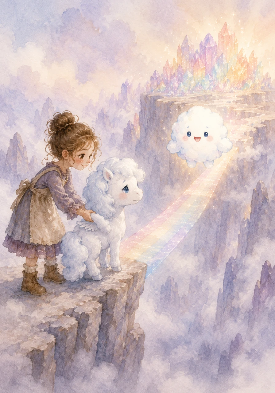 ly, they reached the spectacular Rainbow Peaks, where the bridges of light were usually bright and dazzling, but were now faint and pale. A sad little cloud pony stood at the edge, too frightened to cross the dim, foggy chasm alone. Sophie held the pony's hoof, whispering words of encouragement as Mochi floated ahead like a bright lantern, safely guiding them across and revealing the hidden sparkling rainbow sugar crystals at the summit.