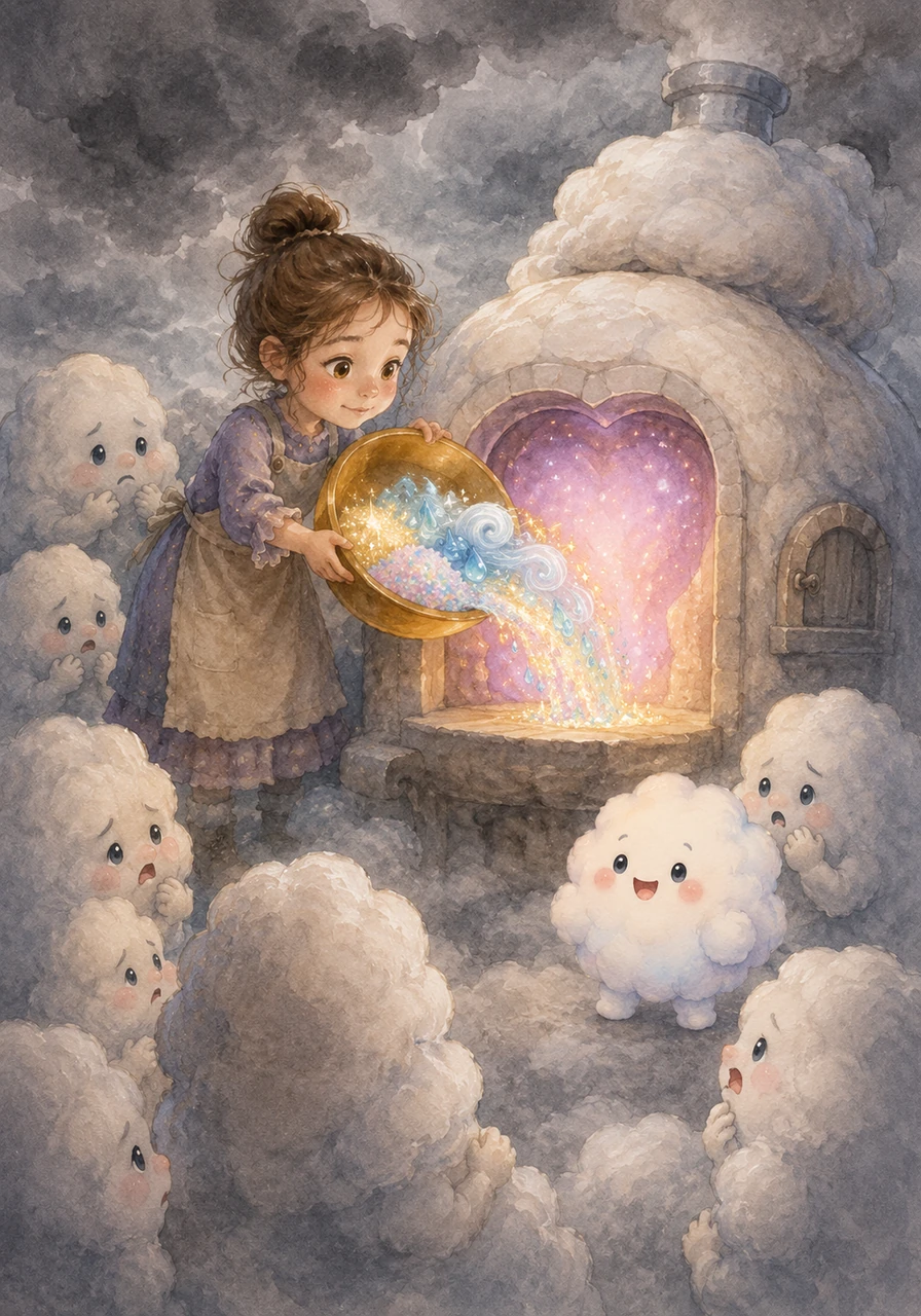 With all the rare ingredients gathered in her golden bowl, Sophie and Mochi rushed back to the Cloud Bakery just as the sky islands were turning completely gray. The other cloud creatures gathered around anxiously, holding their breath in the chilly air. Sophie carefully poured the shimmering stardust, the musical morning dew, the gentle breeze, and the rainbow sugar into the fading heart of the Happiness Oven.