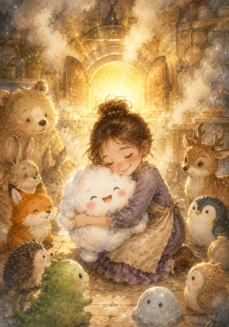 Nothing happened at first, and Sophie realized the most important ingredient of all was missing from her recipe. Kneeling down, she hugged Mochi tightly and smiled at the gathered creatures, realizing that true magic comes from love, kindness, and togetherness. As she shared this heartfelt thought aloud, a brilliant, golden light erupted from the oven, bursting with a warmth that instantly chased away the cold gray mist.