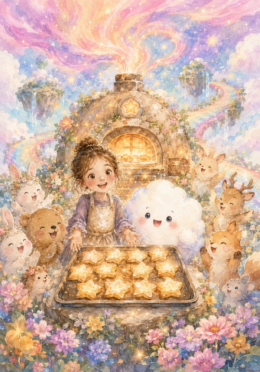 The Happiness Oven glowed brighter than ever before, sending waves of pink, purple, and gold swirling across the sky islands. Flowers bloomed instantly, the sky animals cheered with delight, and the rainbow bridges sparkled with magnificent new colors. Surrounded by her friends and a tray of freshly baked, glowing star pastries, Sophie smiled happily, knowing that joy is the sweetest treat of all, especially when it is shared.