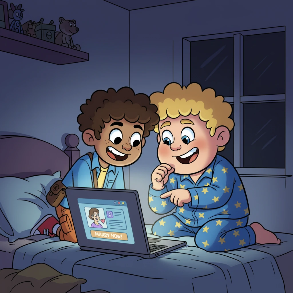Late one night, Max and Cole, unable to sleep, stumbled upon a peculiar website. Their faces lit up with mischievous grins as they discovered they could legally marry a TV character online. A prank was brewing!