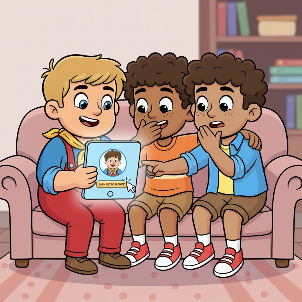They scrolled through profiles, giggling, until they found Buster Brady. His profile described him as a 'loyal man,' which Max and Cole found hilarious for their commitment-phobic friend, Merrick. With a click, Merrick was signed up to marry Buster.