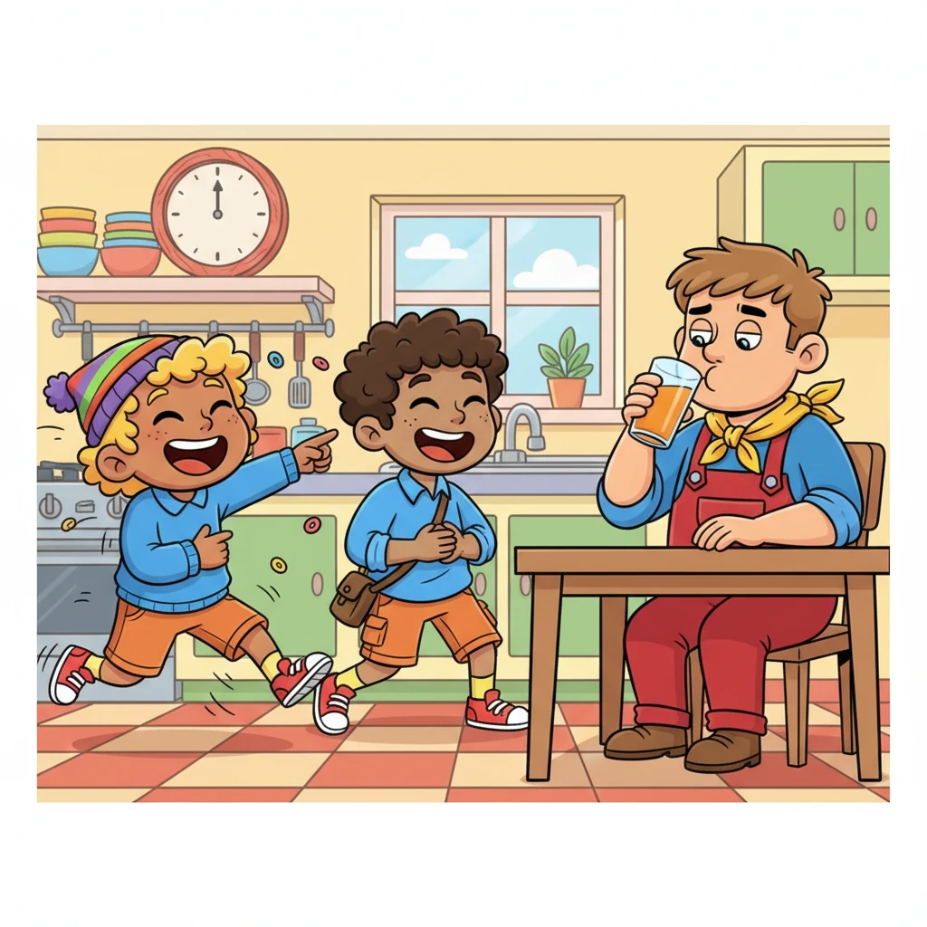 The next morning, Max and Cole burst into the kitchen, barely containing their laughter as they told Merrick his big news. Merrick, sipping his juice, scoffed, thinking it was just another one of their silly jokes. He couldn't believe a word of it.