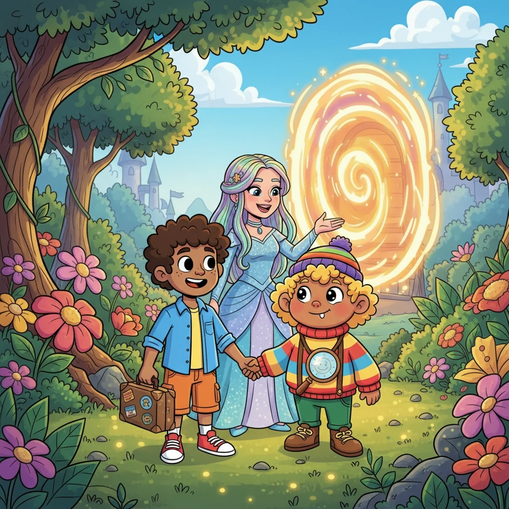 Two years later, Buster and Merrick were inseparable, their love blooming beautifully. One sunny afternoon, Buster asked Princess Shayla if Merrick could join him on a visit to his own world. Princess Shayla, seeing their happiness, graciously agreed.