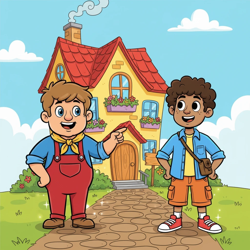 With a shimmer and a pop, Buster and Merrick found themselves standing outside a familiar house, Dermot's mom's place, in Buster's vibrant TV show world. They looked around, a mix of excitement and wonder on their faces, ready for a new adventure.
