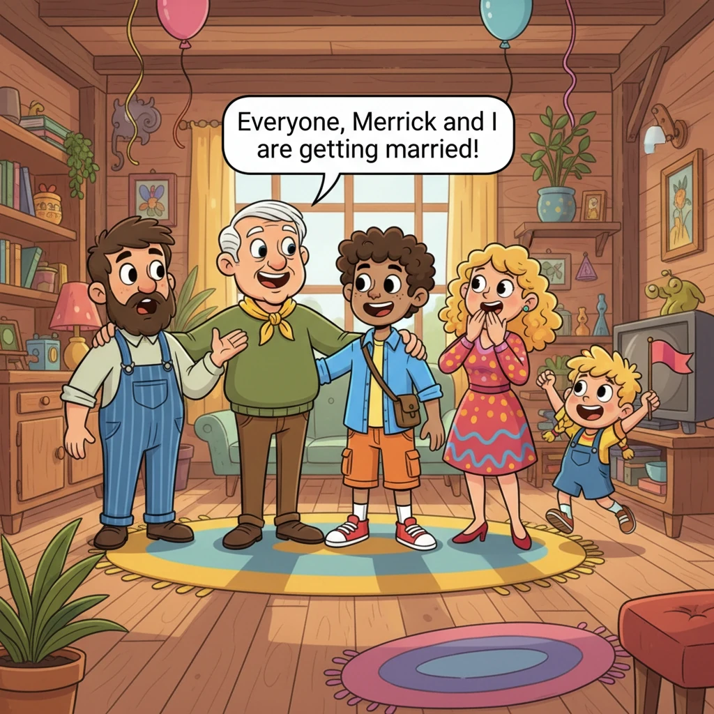 Inside, Buster proudly introduced Merrick to Dermot and his family, announcing their marriage with a twinkle in his eye. Dermot's family gasped in surprise, then burst into cheers, welcoming Merrick into their quirky family with open arms.