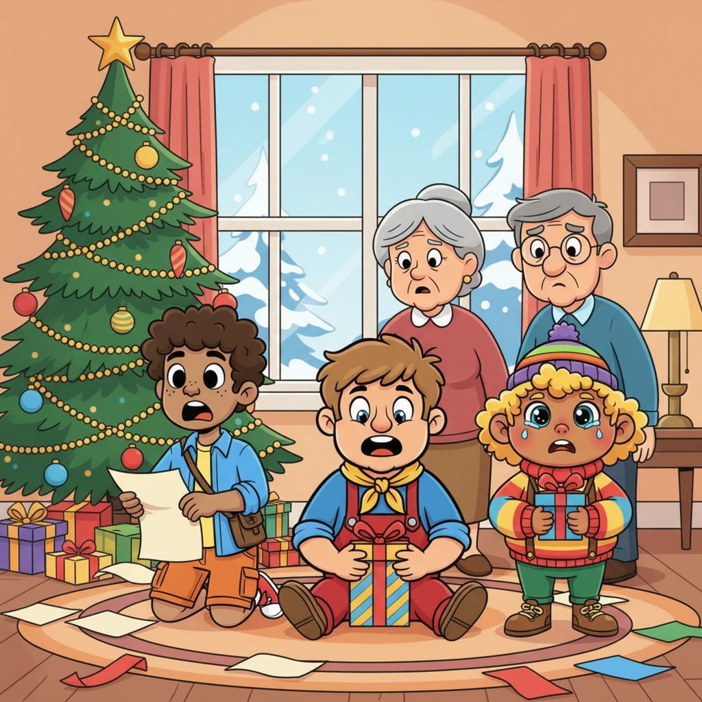 A year later, at Mrs. Brown's house on Christmas morning, everyone was joyfully unwrapping presents. Suddenly, a deafening BANG rattled the windows from outside. All conversation stopped, and worried faces exchanged glances.