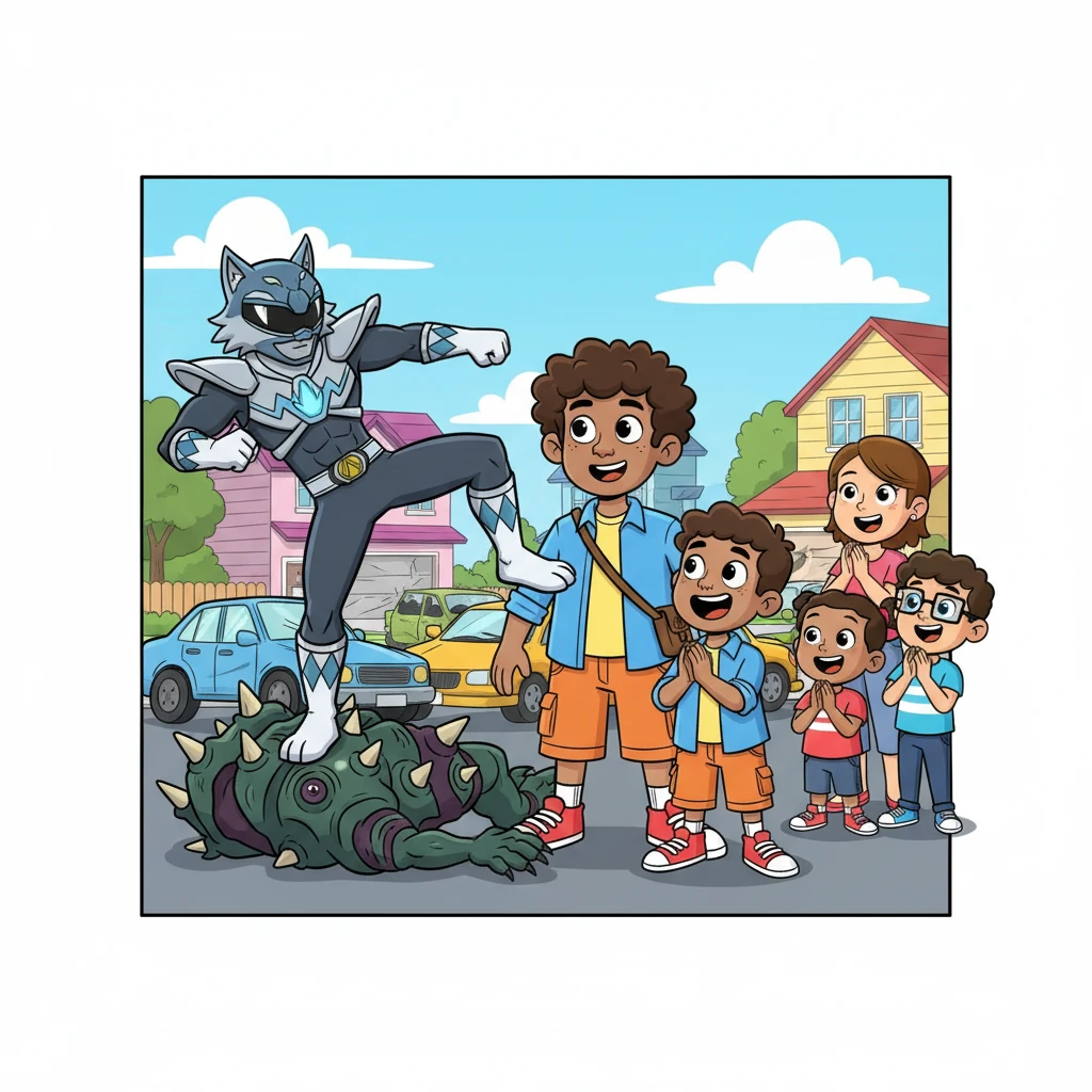 Rushing outside, they saw a monstrous Org trying to smash cars! With a powerful roar, Merrick morphed into the Howling Wolf Power Ranger, defeating the creature with incredible skill. He then demorphed, returning to Buster's side, as Mrs. Brown and her family stared in wide-eyed amazement and cheering.