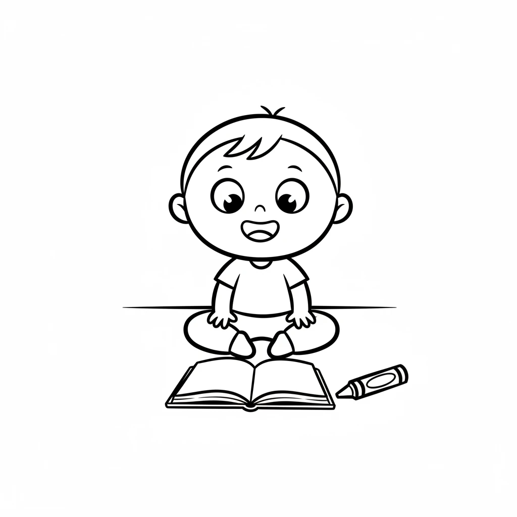 Pip, a small, round-headed child, sits happily on the floor. A simple, open coloring book lies before them, its pages completely blank. A single, bold crayon rests beside the book, waiting to bring color to life.