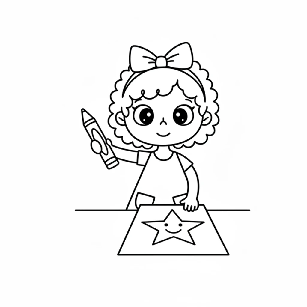 Pip holds the crayon, poised to draw. One blank page shows a simple outline of a big, smiling star. Pip's small hand reaches for the page, ready to begin the magical act of coloring.