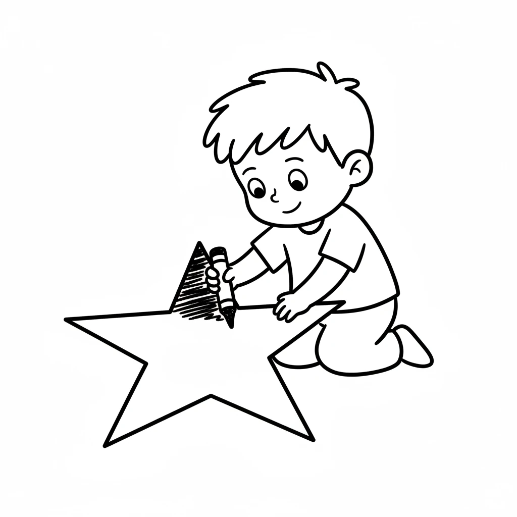 The star is now half-colored. Bold, simple lines show Pip's crayon strokes filling in one point of the star. Pip's face shows concentration and a hint of a smile, enjoying the process.
