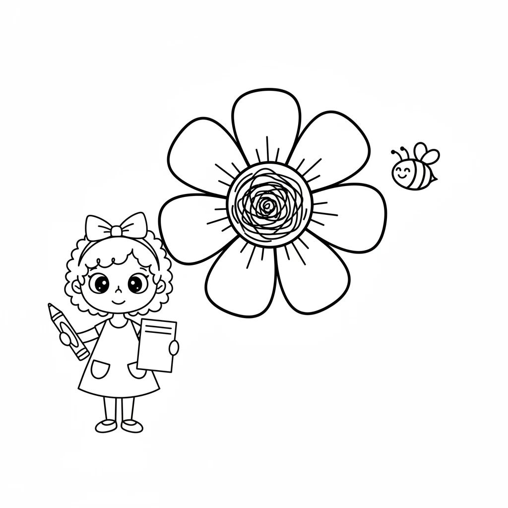 On another page, a beautiful flower blooms, its petals outlined simply. Pip has colored the center of the flower with bold, swirling lines. A tiny, happy bee hovers nearby, admiring Pip's work.