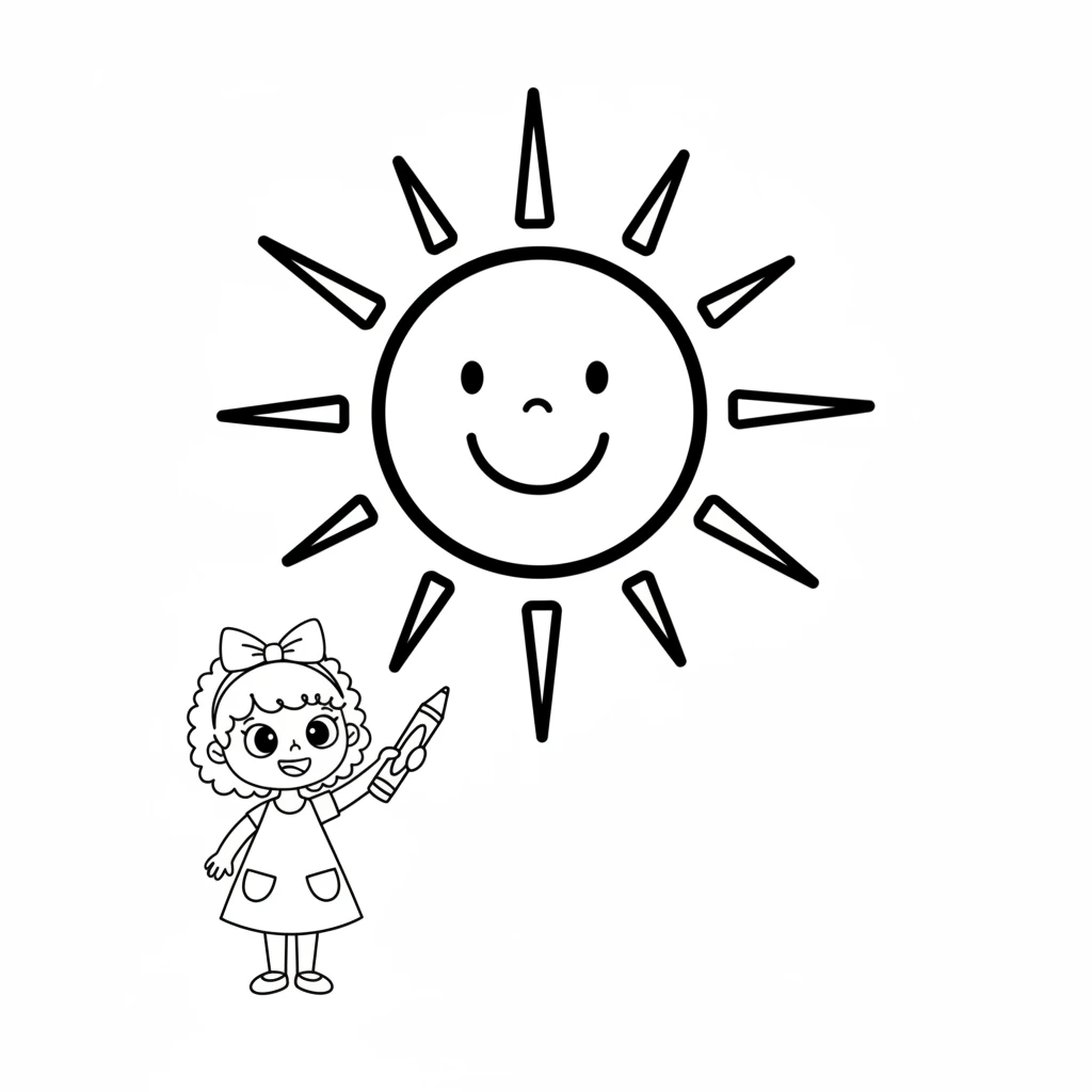 A big, friendly sun shines brightly on a new page. Pip has filled its round face with simple, cheerful lines, and its rays extend outward like bold strokes. The sun looks warm and inviting, full of Pip's creative energy.
