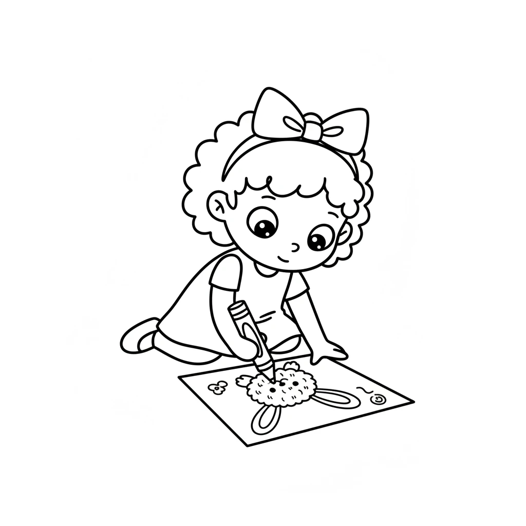 Pip colors a fluffy bunny. The bunny has a round head, two long ears, and a tiny, happy smile. Pip carefully adds simple lines to make its fur look soft and cuddly, bringing the animal to life.