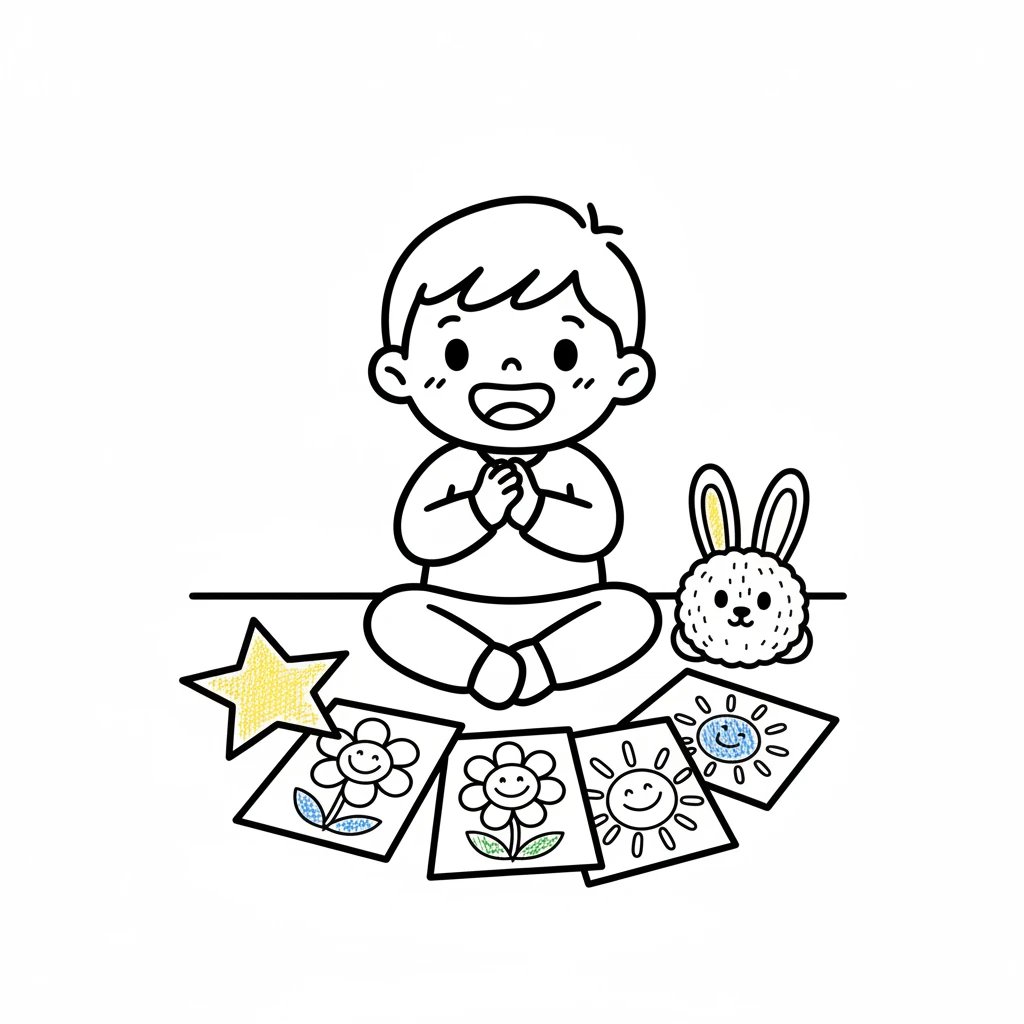 Pip sits surrounded by several finished coloring pages, spread out on the floor. The star, the flower, the sun, and the bunny all look vibrant in their implied colors. Pip claps small hands together, full of pride and joy.