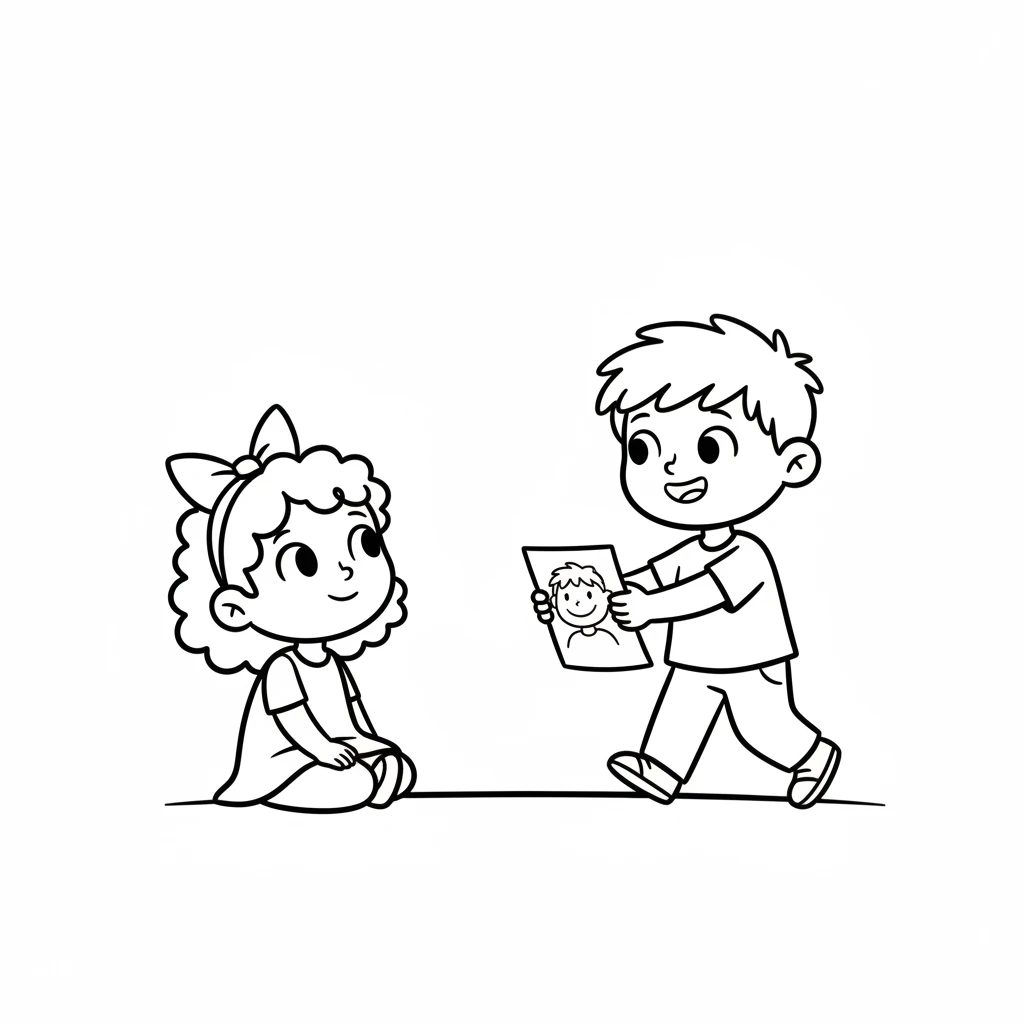Pip walks towards a friend, Lily, who is sitting nearby. Pip holds out the newly drawn picture of the smiling child. Lily, with a similar simple, round shape, looks up with a curious, friendly expression.
