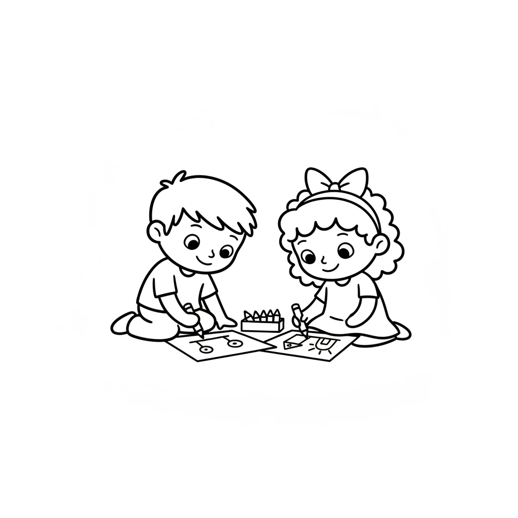 Pip and Lily sit side-by-side, sharing a collection of crayons. They are both happily coloring the picture Pip drew. Their simple smiles show the joy of creating and sharing art together.