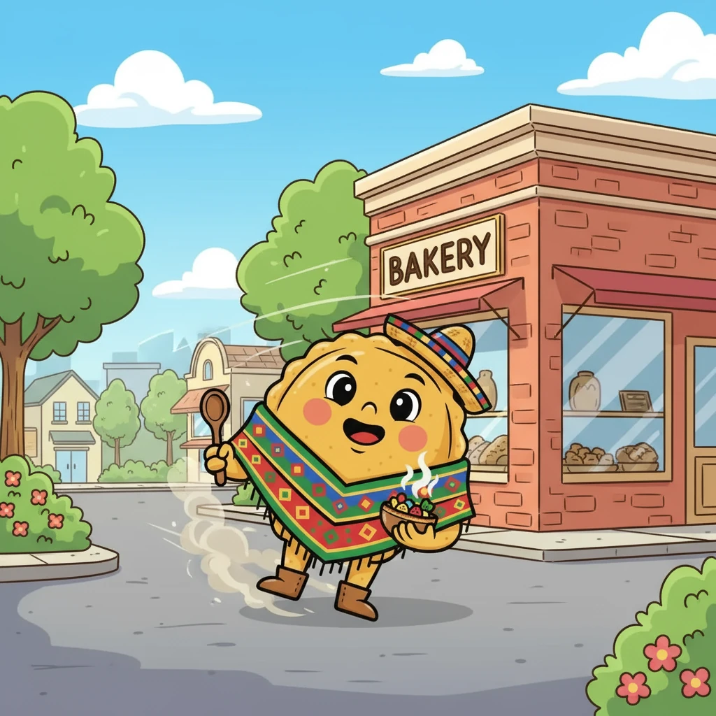Un día soleado, Empanadita decidió escapar de la panadería. Rodó por la calle, con el viento soplando su crujiente masa. ¡La libertad era deliciosa!