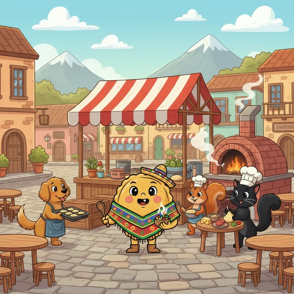 En su viaje, Empanadita conoció a un grupo de amigos: un perro llamado Canelo, una ardilla llamada Nuez y un gato llamado Bigotes. Juntos, decidieron montar su propio negocio de empanadas.