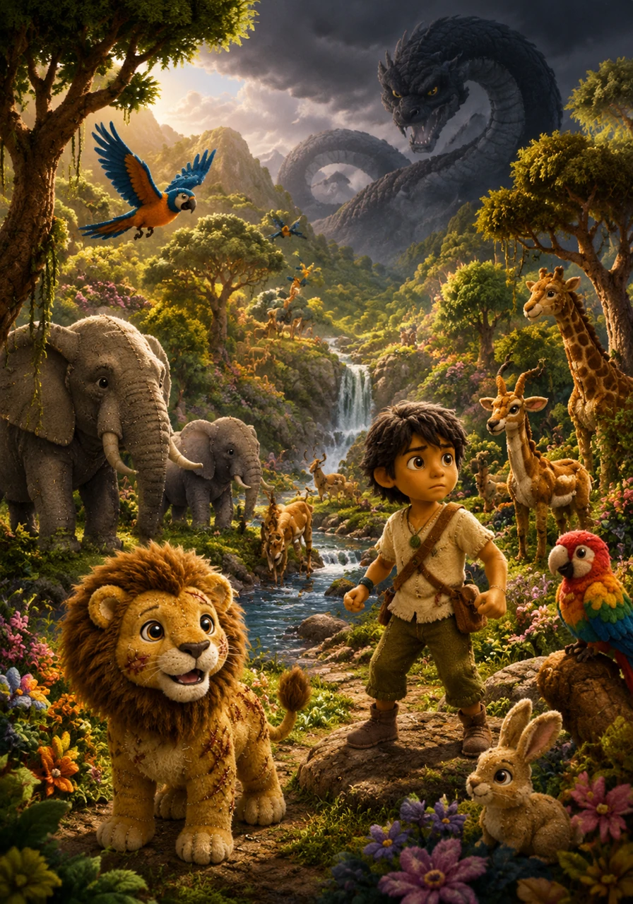 Deep within the heart of the sun-drenched valley, a vibrant community of animals lives in perfect harmony among towering trees and rushing streams. Elephants, gazelles, and colorful birds share the lush sanctuary, unaware of the shadow creeping toward their peaceful home.