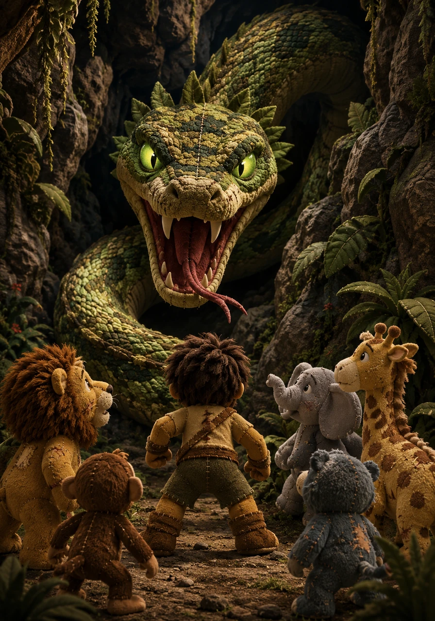 From the darkest, jagged crevices of the valley, the massive and malicious Kwandi serpent emerges, its scales glittering with an eerie, sickly green light. Driven by sheer envy of the animals' happiness, the vicious reptile hisses fiercely, preparing to strike terror into the heart of the jungle.