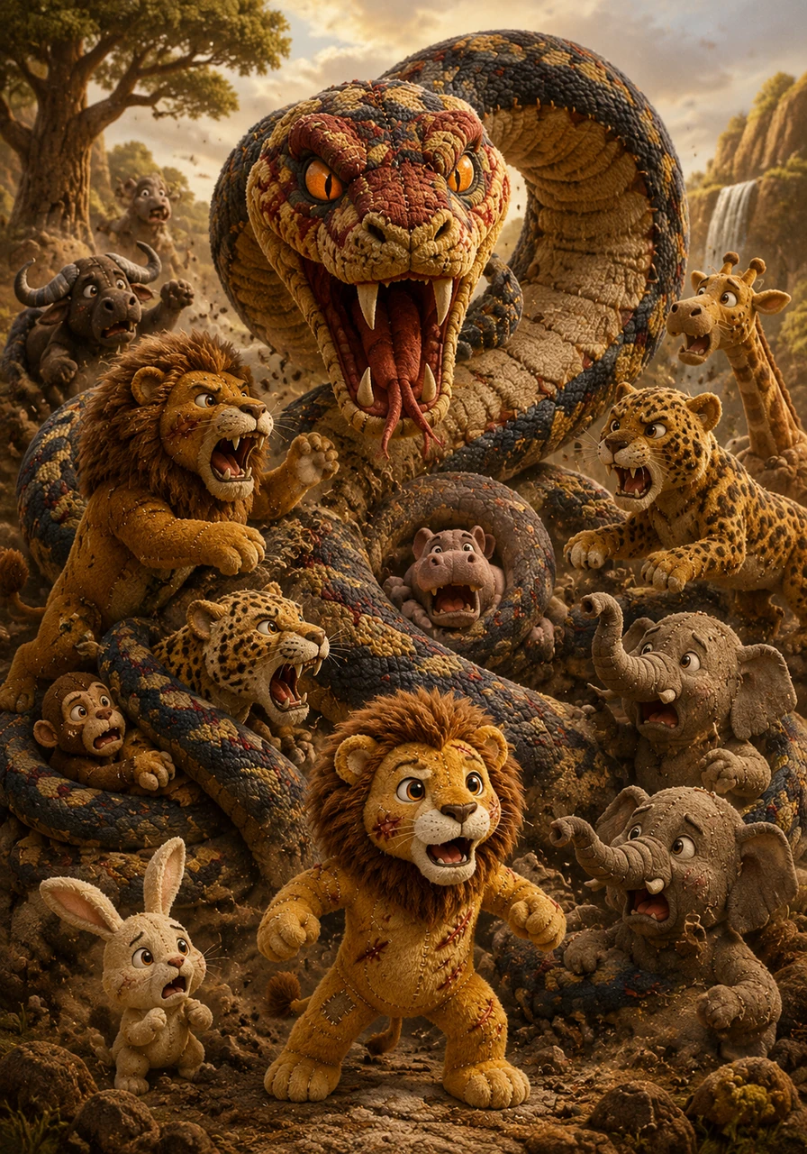 The peaceful sanctuary turns into a battlefield of desperation as the giant Kwandi serpent coils and strikes, trapping the terrified animals. Mighty lions and swift leopards attempt to defend their home, but the serpent's malice and overwhelming strength begin to overpower the desperate creatures.