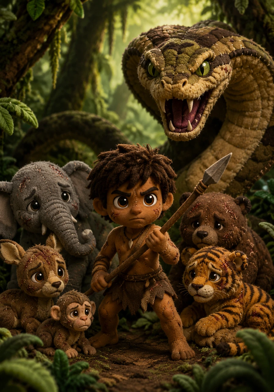 Just as hope begins to fade, a brave young boy named Kayan steps out from the thick foliage, his eyes burning with determination. Armed with only a sturdy wooden spear and a heart full of fearless resolve, he stands firmly between the fierce serpent and the wounded animals.