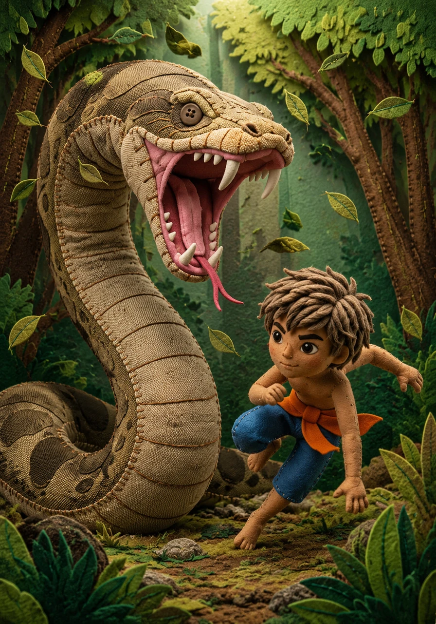 The monstrous Kwandi serpent turns its venomous gaze upon the young intruder, lunging forward with a terrifying roar that shakes the leaves from the trees. Kayan nimbly dodges the deadly strike, his movements swift and calculated as he prepares to face the beast head-on.