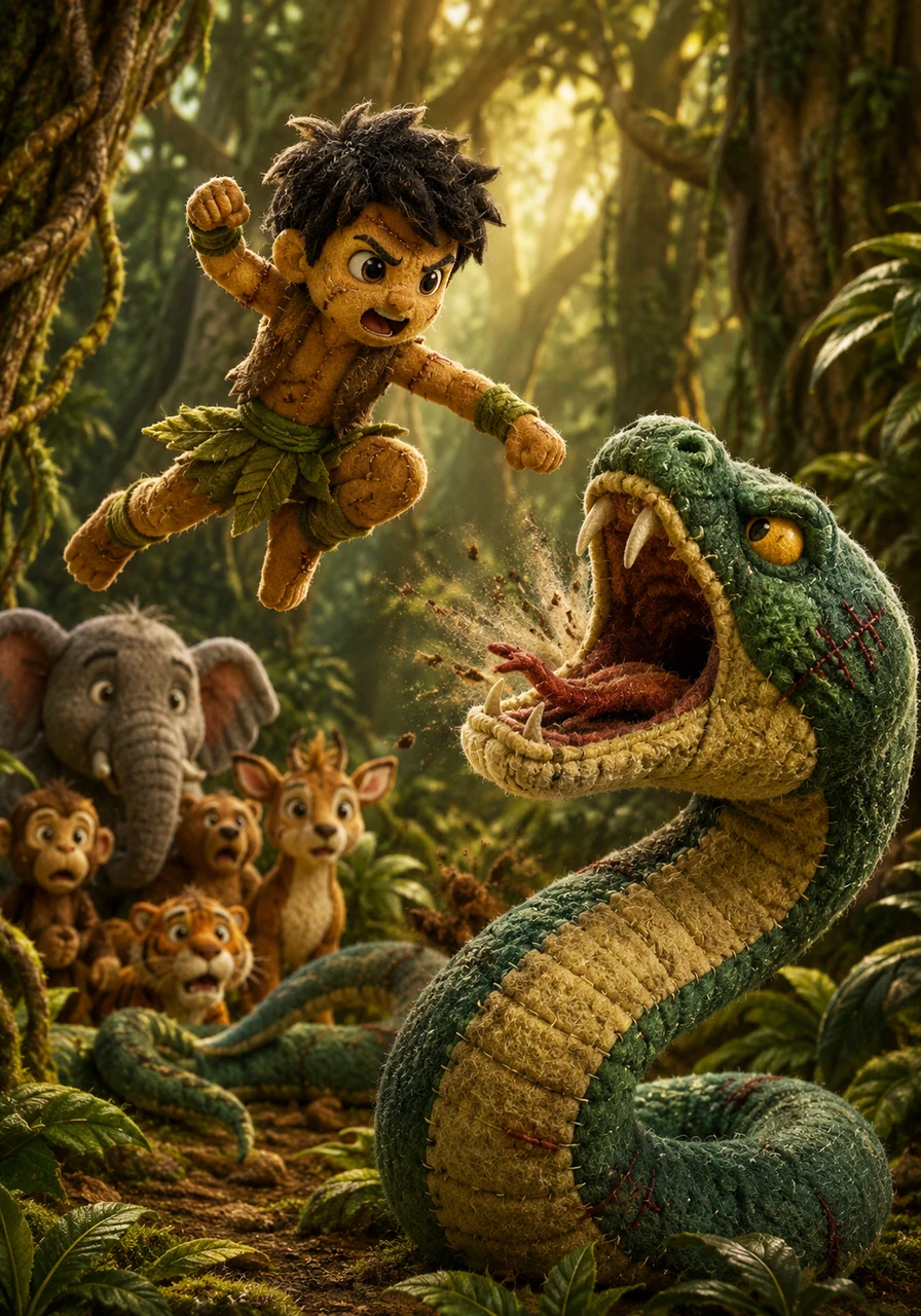 A thrilling and intense battle echoes through the jungle as Kayan uses his clever wit and agility to outmaneuver the heavy, thrashing serpent. With a final, powerful leap fueled by the desire to protect his friends, the brave boy delivers a decisive blow, defeating the envious Kwandi serpent once and for all.