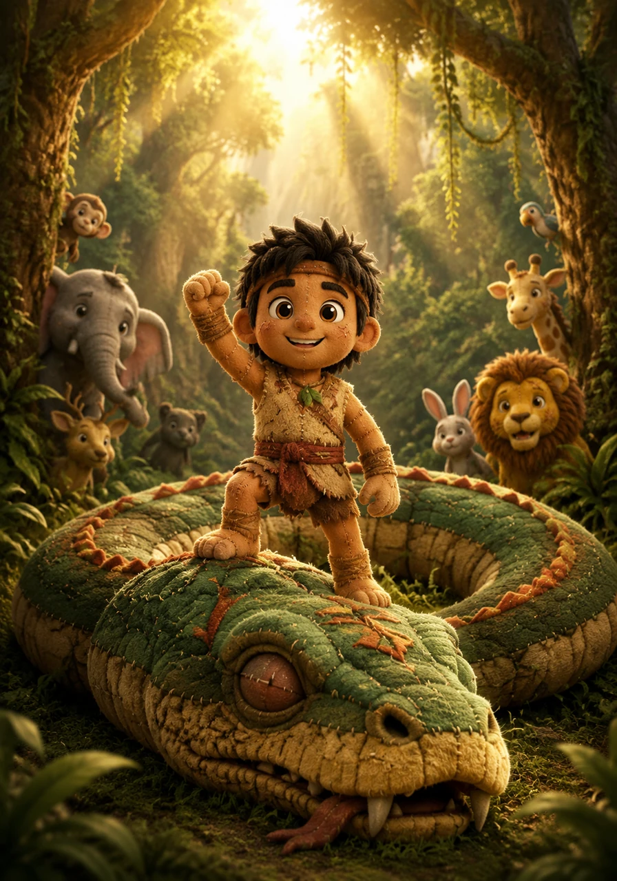 As the massive beast falls silent, a profound stillness washes over the valley, followed by a collective sigh of relief from the hidden onlookers. The heavy cloud of fear lifts instantly, and the warm sunlight breaks through the canopy, illuminating the victorious young hero.