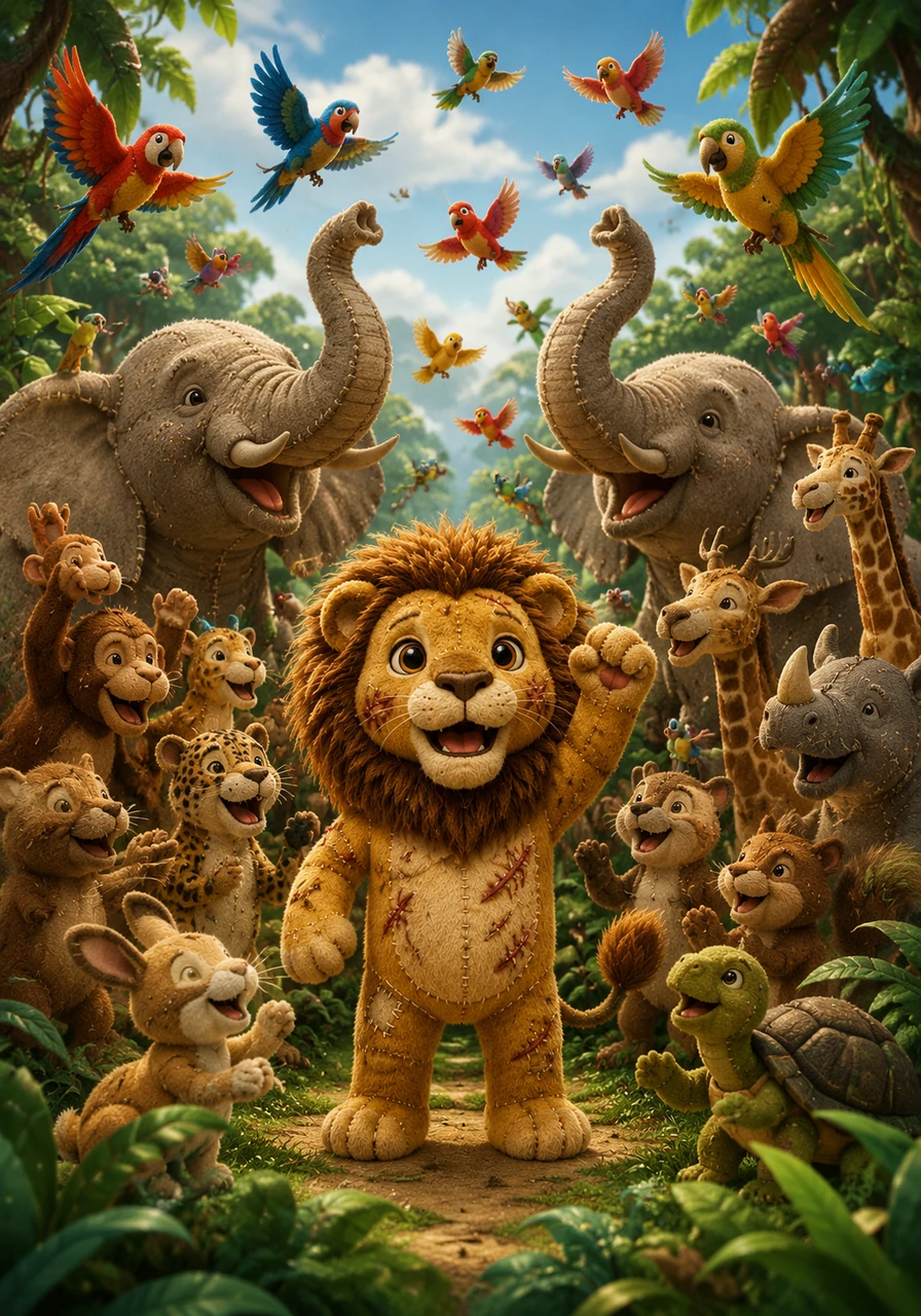 Realizing they are finally safe from the serpent's malice, the animals emerge from the shadows, their hearts overflowing with immense joy and gratitude. Birds fill the sky with celebratory songs while elephants trumpet loudly, all gathering around Kayan to express their deepest thanks.
