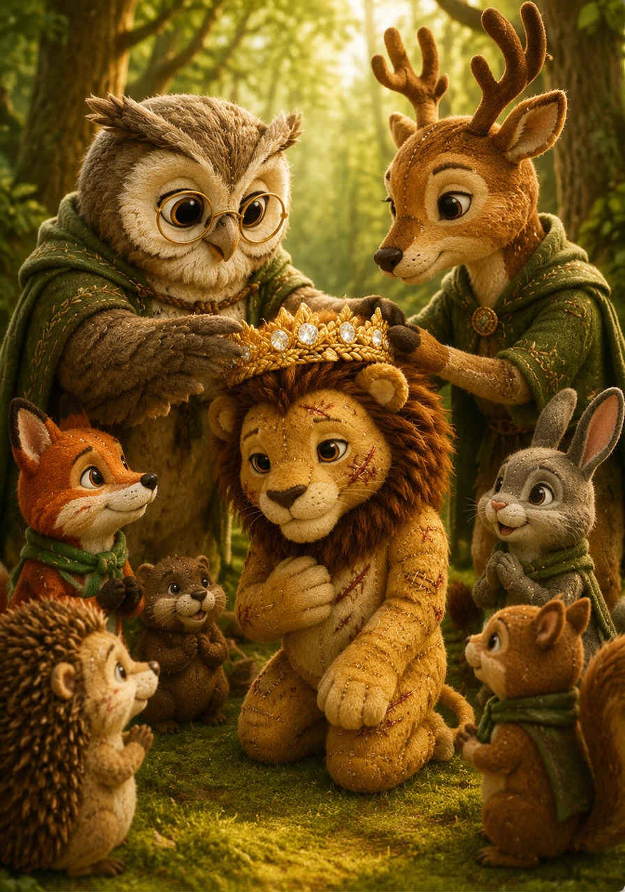 To honor the incredible bravery of their savior, the wisest animals present Kayan with a magnificent crown woven from golden vines and studded with brilliant, shimmering diamonds. They gently place the radiant crown upon the boy's head, officially naming him the guardian protector of the valley.
