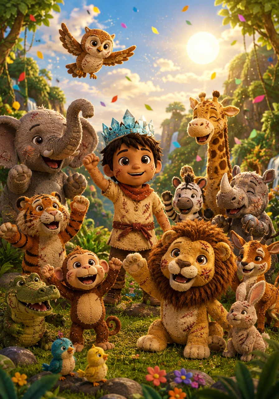 Under the bright, celebratory sky, Kayan stands proudly amidst his diverse animal friends, his diamond crown sparkling beautifully in the sunlight. The jungle thrives once more, filled with laughter and unity, forever grateful to the courageous boy who brought peace back to their world.