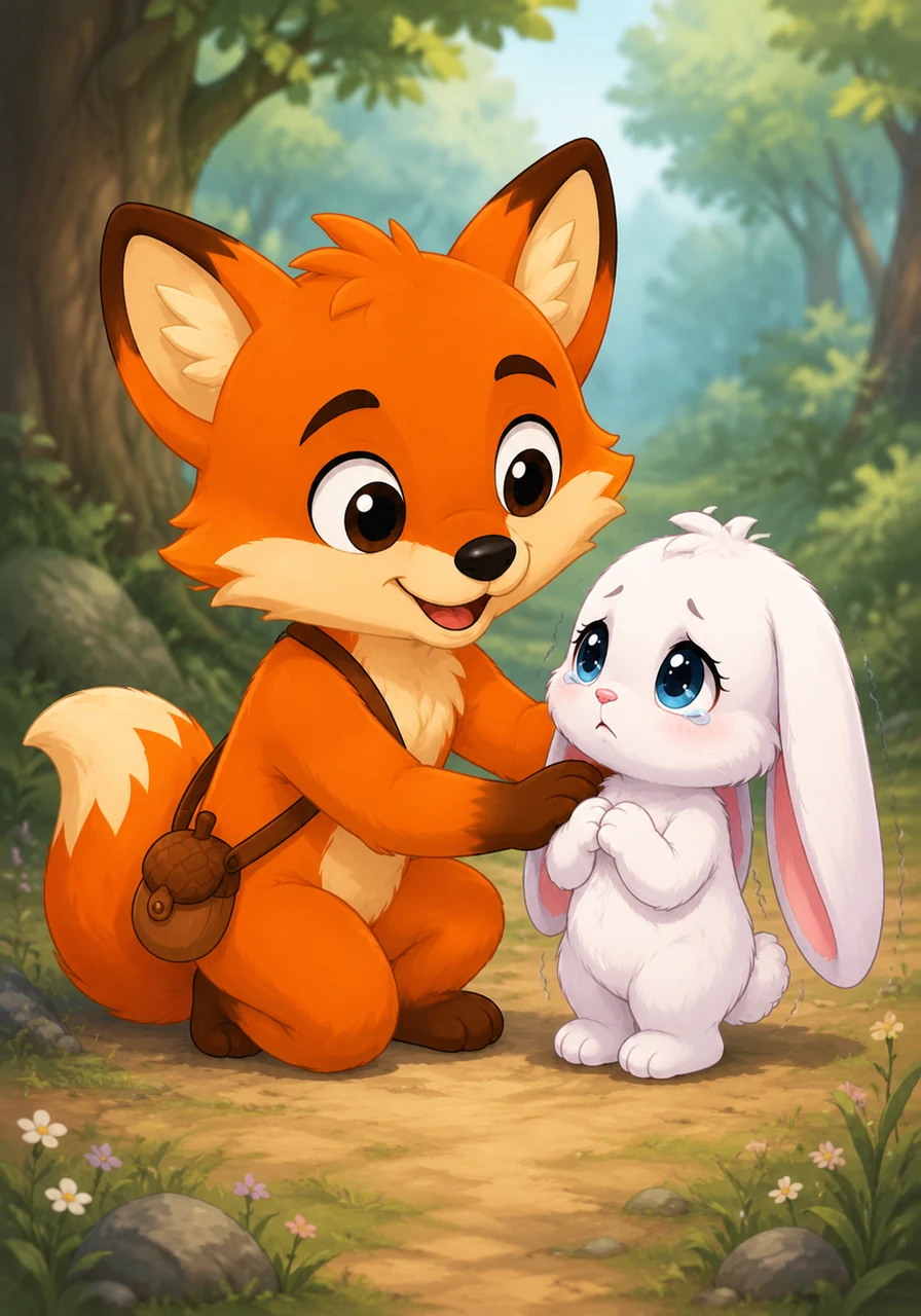 Finley trotted over gently, careful not to scare the little newcomer with his sudden movement. He knelt down, offering a warm smile and a soft, comforting pat on her shoulder. The bunny looked up, her shivering slowing down as she felt the unexpected warmth of the kind fox.