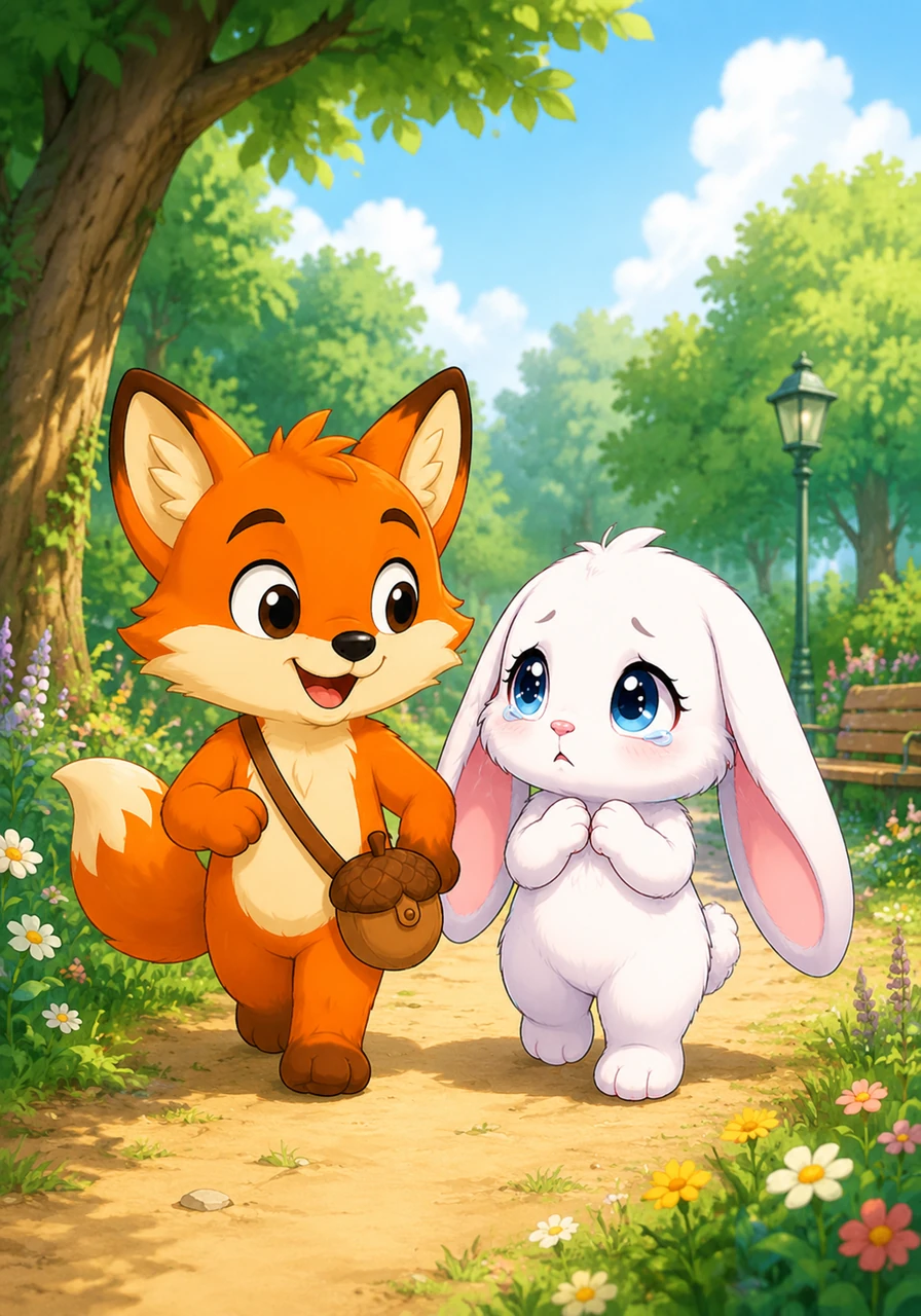 The bunny introduced herself as Pip and explained through quiet sniffles that she couldn't find her way back to the clover patch. Finley proudly puffed out his chest and promised to use his sharp nose and quick eyes to help her find the way. Side by side, they took their very first steps into the great park adventure together.