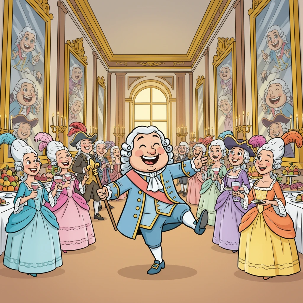 In the grand Palace of Versailles, King Louis XVI, with his towering wig, danced merrily amidst golden halls. Mirrors reflected smiling nobles in their fanciest clothes, enjoying endless feasts and carefree chatter, convinced their world would last forever.